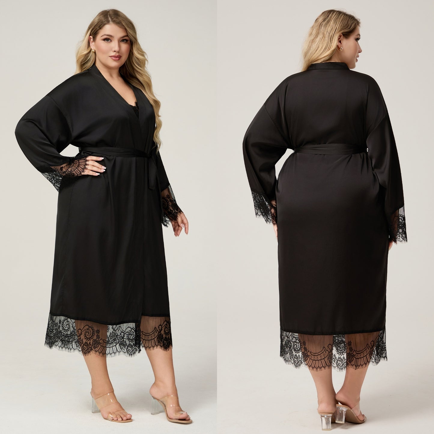 Womens Plus-Size Satin Chiffon Lace-trimmed Long-Sleeve Pajama SetPijama Robe