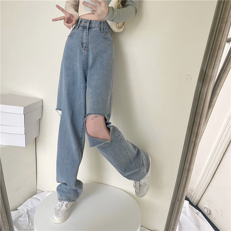 Ripped Jeans med Lige Pasform, Høj Talje og Løs Pasform, Flatterende