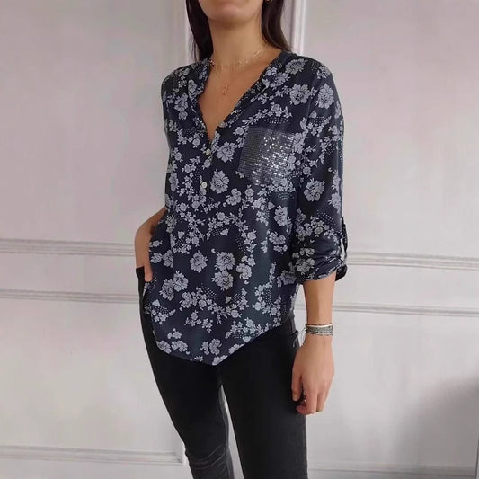 Loose Casual Long Sleeves Printed Sequined Pocket Shirt