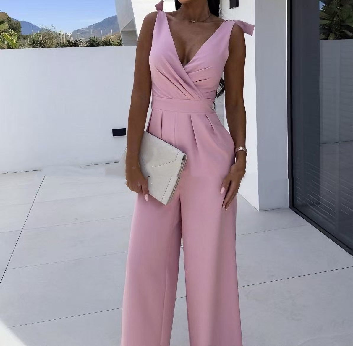 Fashionable Solid-Color V-Neck Sleeveless Long Jumpsuit
