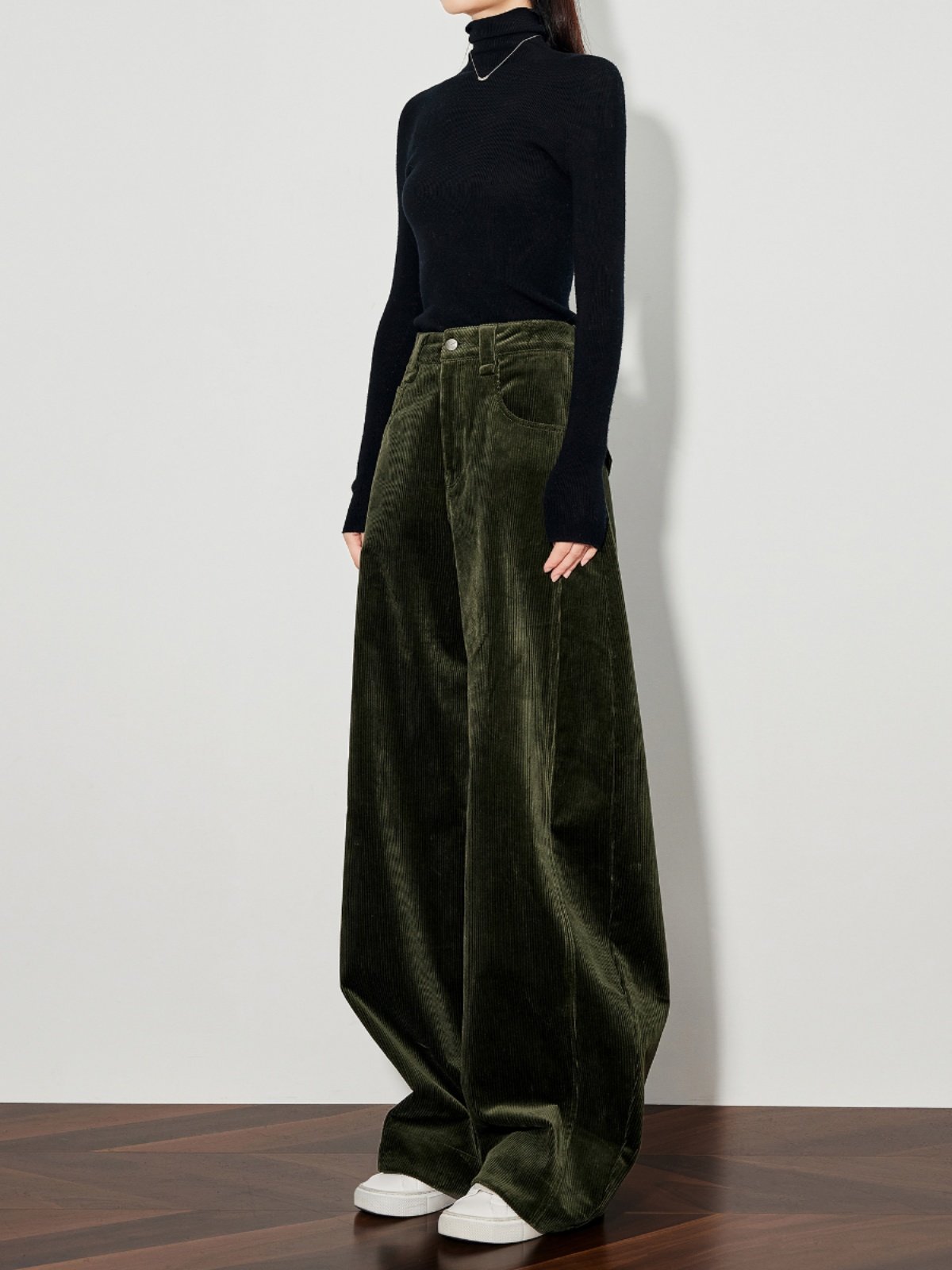 Womens Green Corduroy Casual Pants Wide-leg Style
