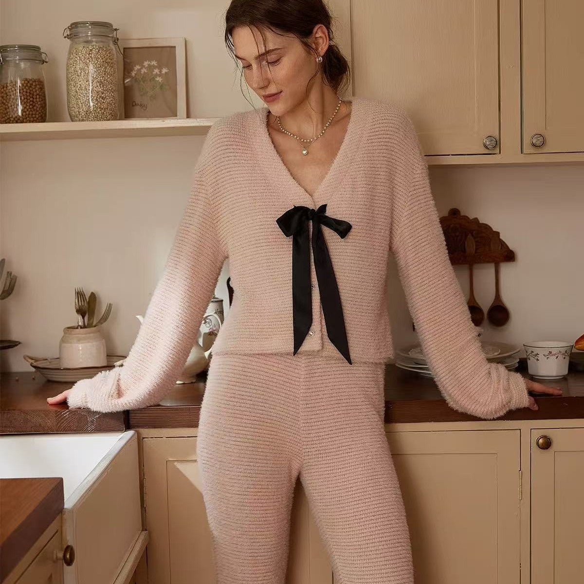 Womens Chic And Gentle Bow-Knot Mink Wide-Leg Pants Suit