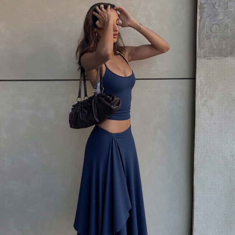 Neck-hanging Camisole And Irregular Solid-color Maxi Dress Two-piece Set For Women