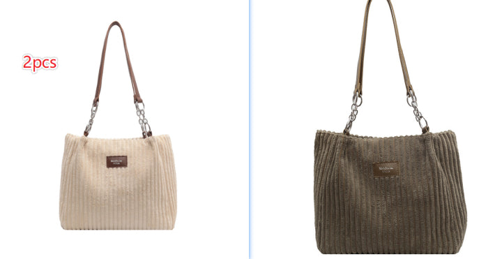 Casual Simple Portable Shopper Tote Bag Corduroy Solid Commuter Zipper Women's Handbag