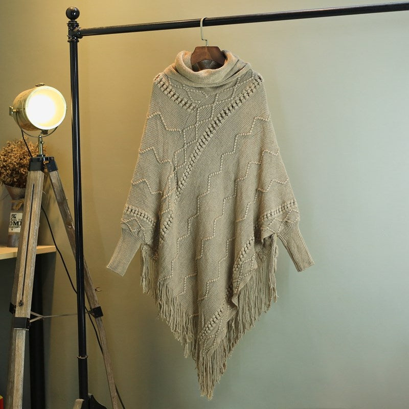 Efterår og vinter Ny strikket sjal med kvaster Højhalset Varm flagermusærmet pullover