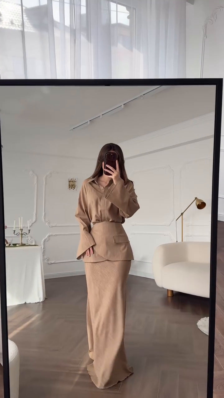 Elegant And Fashionable Three-piece Set Featuring A Collared Long Skirt