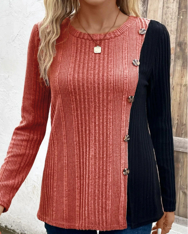 Solid Color Round Neck Sunken Stripe Brushed Slit Contrast Color Fashion Buttons