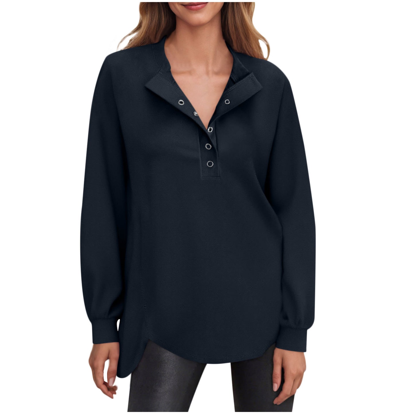Dame Casual Ensfarvet Rund Hals Bluse med Knapper og Lange Ærmer