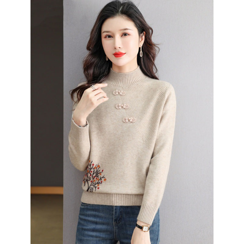 Chinese Style Half Turtleneck Bottoming Shirt Middle-aged Mom Sweater Chinese Knot Button Top