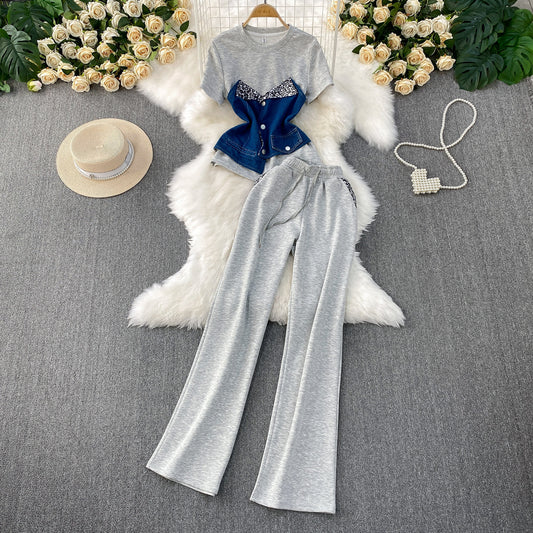 Fashionable Patchwork Denim Short-Sleeve Top And Wide-Leg Pants Two-Piece Set