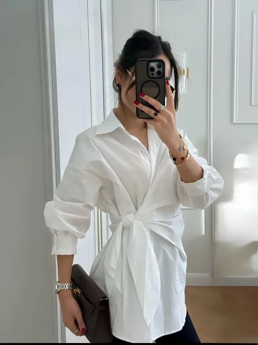 Turn-down Collar Single-breasted Tie-waist Slimming Shirt