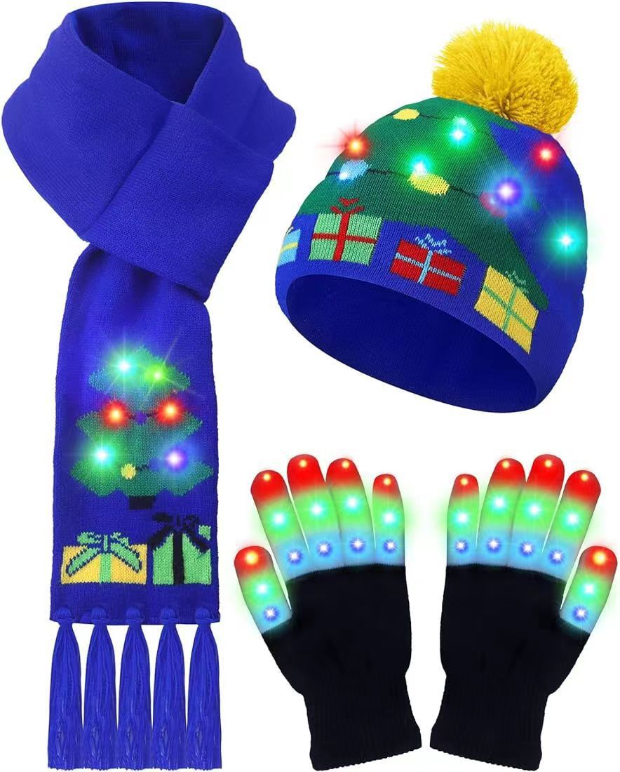 LED Christmas Knitted Hat Scarf Gloves Three-piece Set