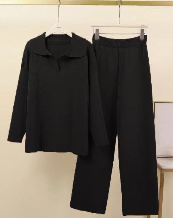 In Stock Springsummer Knit Polo-neck Long-sleeve Pullover And Trousers Two-piece Set