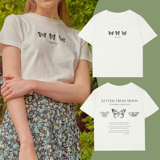 Butterfly Print Crew Neck T-Shirt Letter Cropped Casual Top