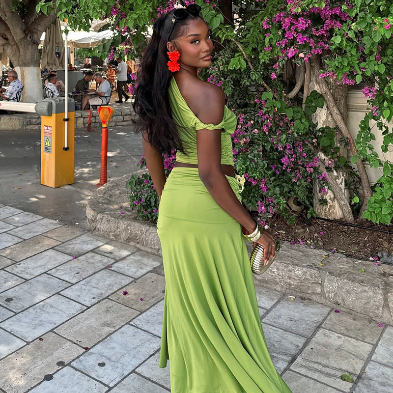 Women's Casual Streetwear Pleated Asymmetrical-Neck Two-Piece Set