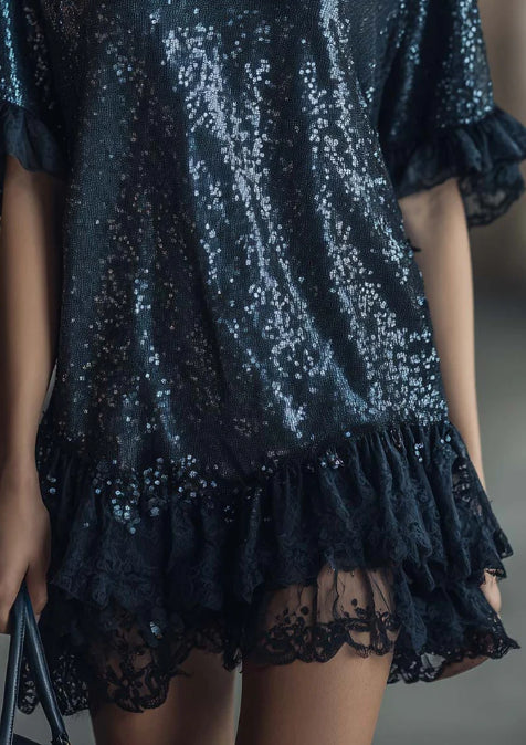 Exquisite Casual Retro Round-neck Lace Ruffled Hem Dark Blue Sequins Mini Dress