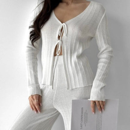 Womens Set Long-sleeve Tie-front Cardigan With Casual Trousers