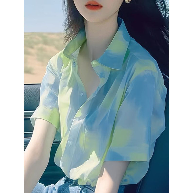 Green Tie-dyed Short-sleeved Shirt Summer Loose High-end