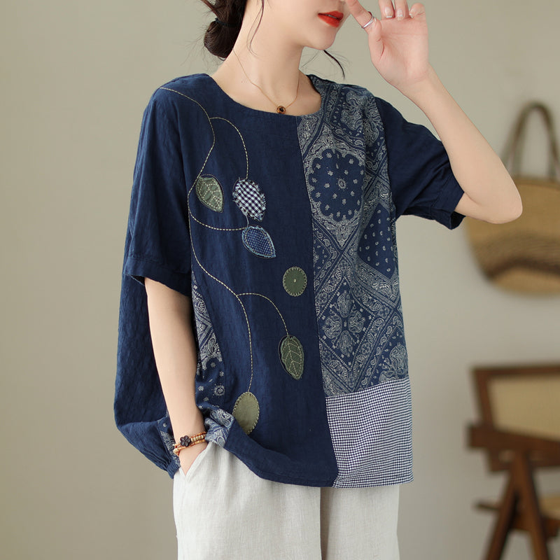 Retro Embroidered Striped Printed Leaf Stripe Twill Embroidered Short T-shirt