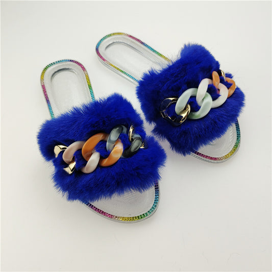 Flat Bottomed Jelly Transparent Large Size Sequined Chain Women's Sandals And Slippers