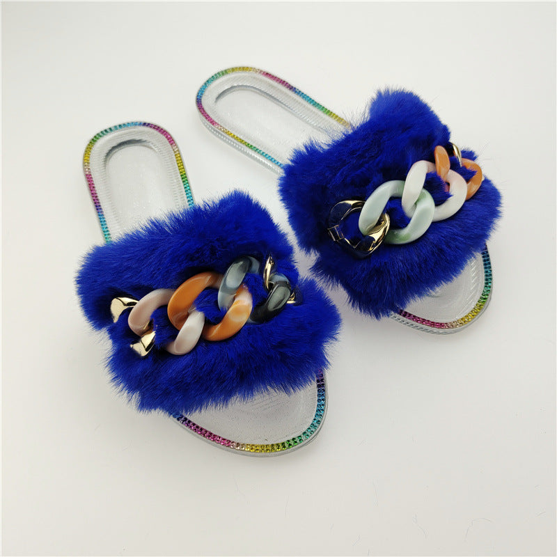 Flat Bottomed Jelly Transparent Large Size Sequined Chain Women's Sandals And Slippers