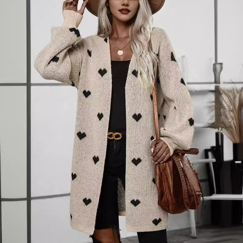 Long Heart Jacquard Sweater Coat