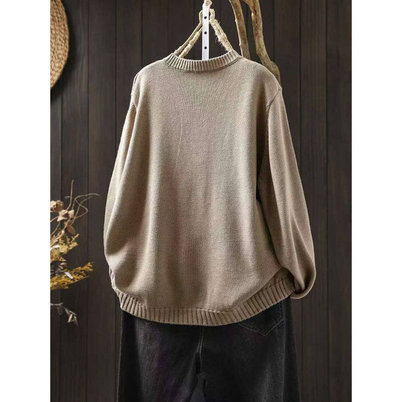 Women's Cotton Knitted Cardigan With Color Buckle Fashion Loose