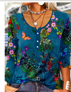 Women's Long-Sleeve Printed V-Neck Loose T-Shirt