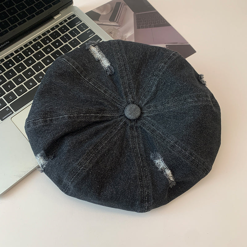 Korean Retro Make Old Ripped Denim Beret