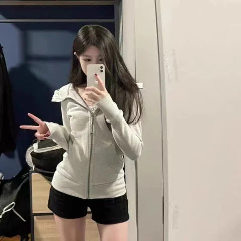 With Finger Buckle Hooded Slim Fit Waist Trimming Coat Zipper Cardigan Sweater