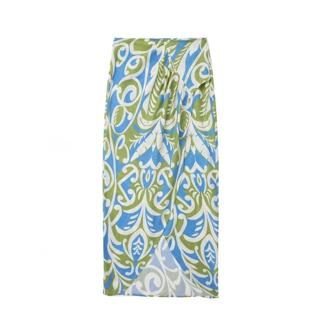 Women's Knotted Shirt Top Printed Wrap Midi Skirt Set
