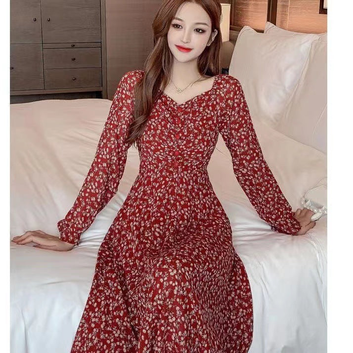 Women's Retro Casual V-Neck Floral Print Long-Sleeve Dress