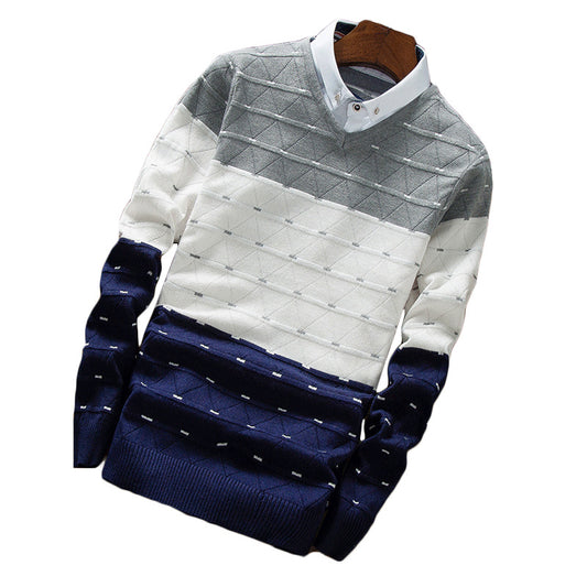 Herrestrikket Sweater Falsk Todelt Skjortekrave Sweater til Mænd