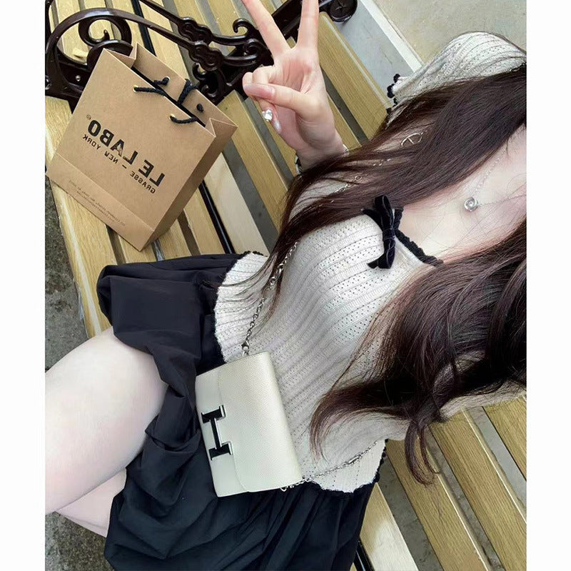 American Style Shoulder Contrast Color Lace Bow Ice Silk Knitted Short Sleeve