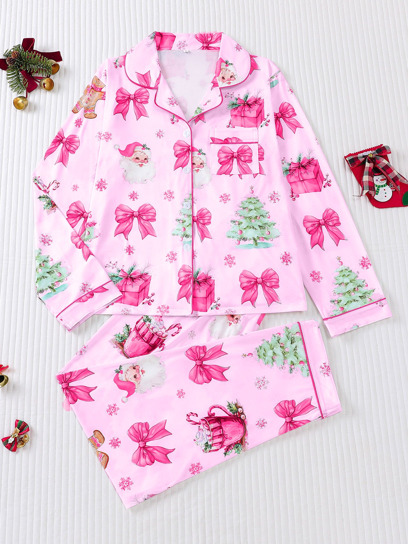 Women's Pajamas Four Seasons Christmas Printing Lapel Long Sleeve