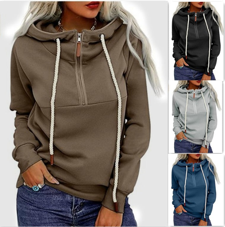 Front Middle Zipper Plus Velvet Hooded Sweater