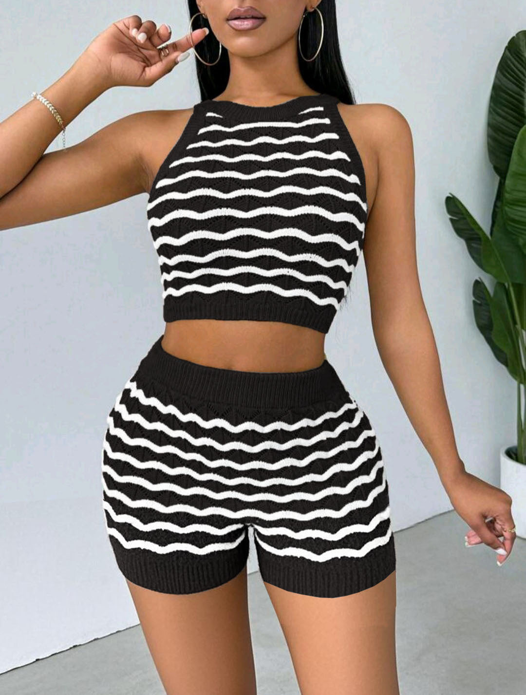 Multicolored Striped Crochet Backless Top And Skirt Set