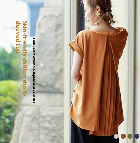 Women's Loose V-neck Short Sleeve Pleated Irregular Stitching Shirt