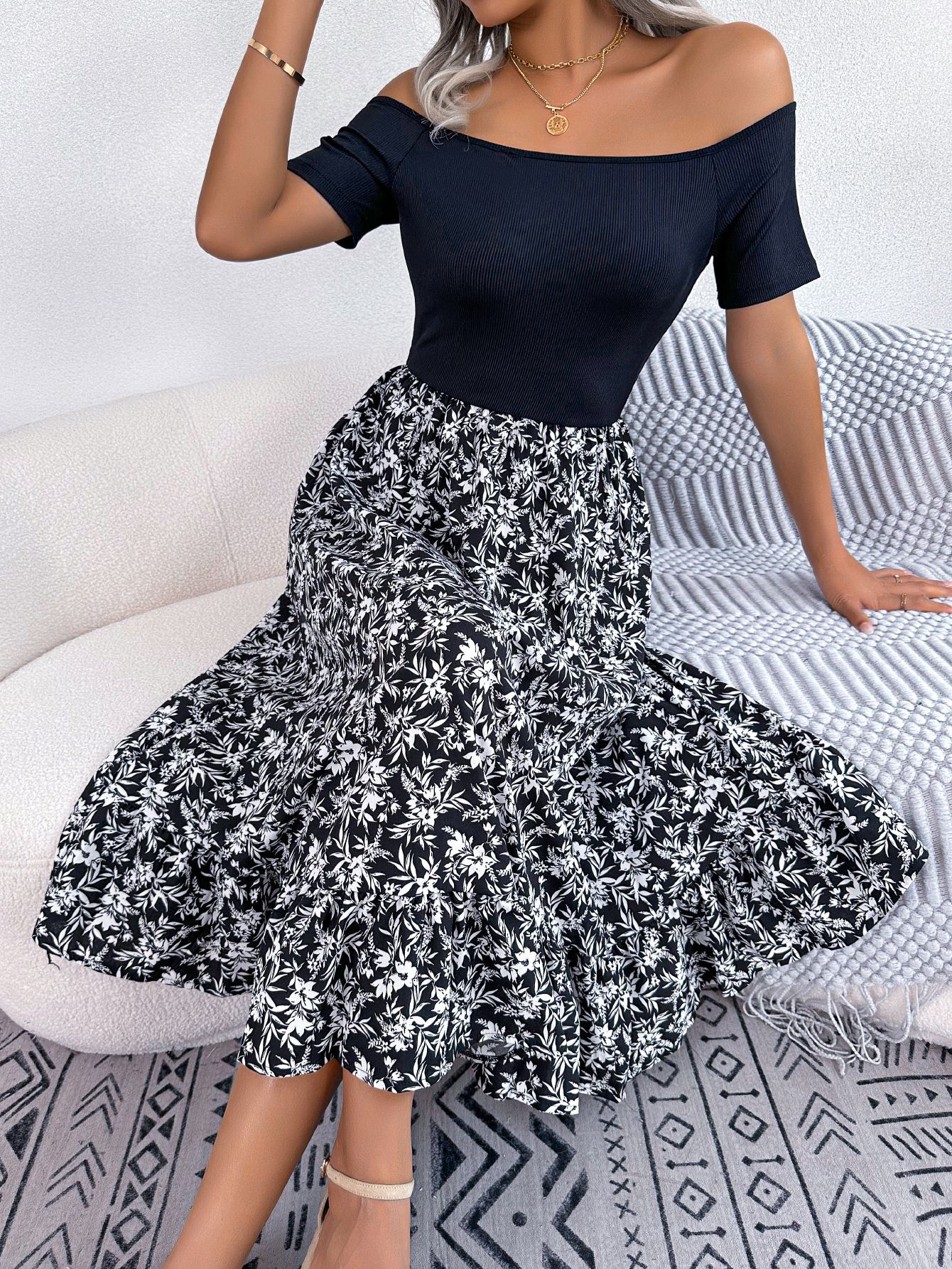 Women  Casual Off Shoulder Floral Print Ruffle Midi Dress