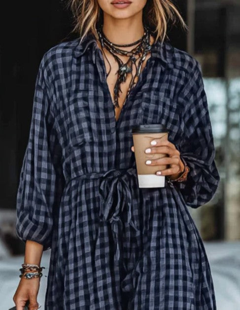 Japanese-style Retro Color-block Plaid Long-sleeve Dress