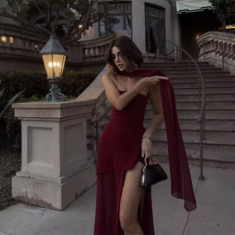 Womens Solid-Color Strapless Dress With Fluttering Ties And A Slit