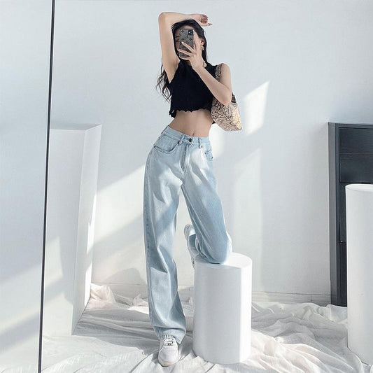 Loose Straight Wide Leg Jeans Large Size High Waist Crotch Cover Thin Casual Drape