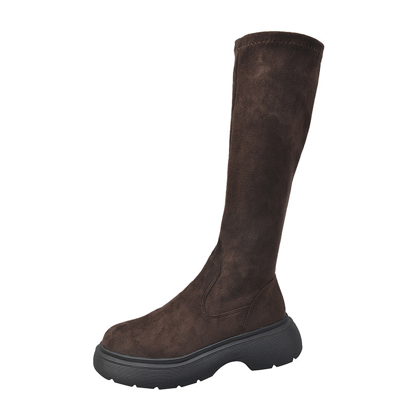 Womens Fashionable Round-toe Suede Chunky-soled Boots