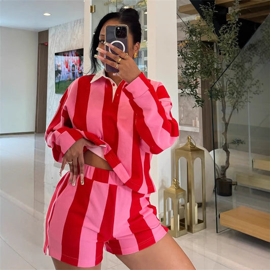 Womens Stylish Zebra-Striped Printed Long-Sleeve Top And Shorts Set