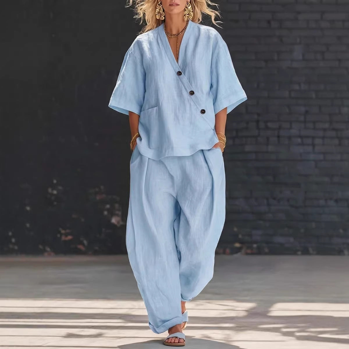 V-neck Loose-fit Short-sleeve Top And High-waist Trousers Two-piece Set