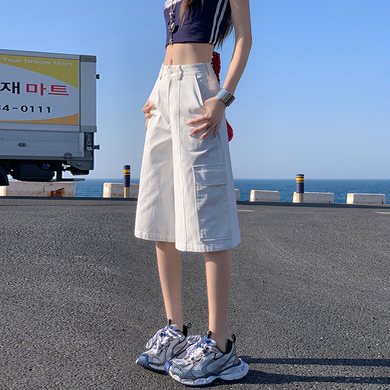 Fashion White High-waist Cropped Overalls For Women