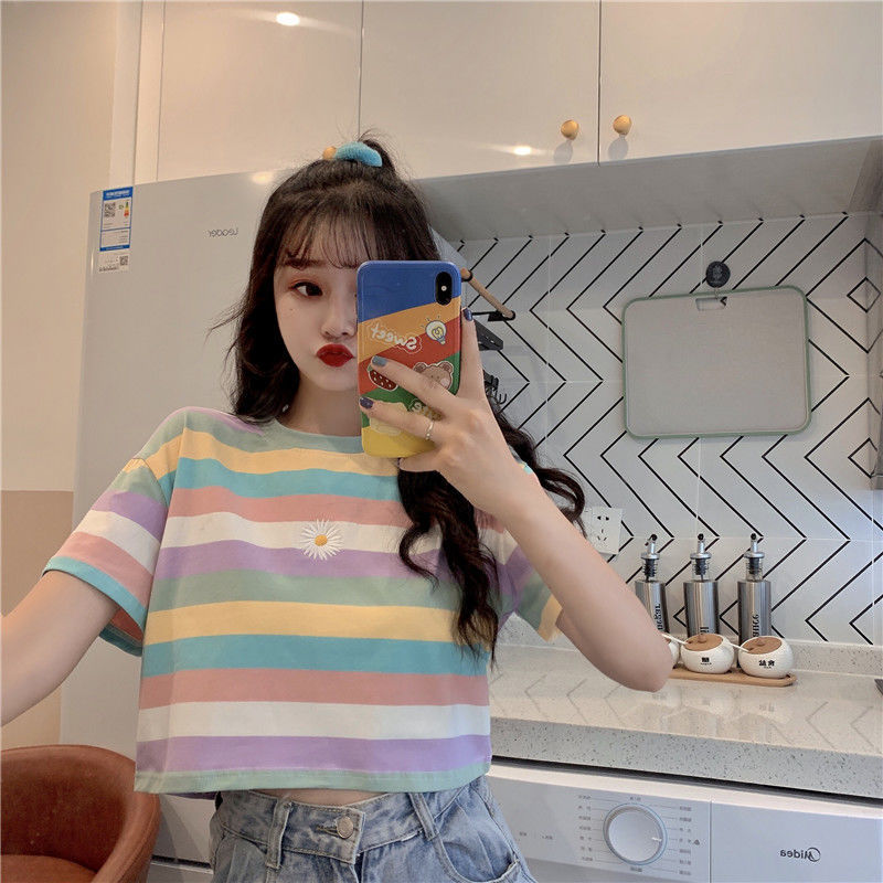 Colorful Stripe Short Sleeve Female Student Korean Loose Bf Spring Summer Top