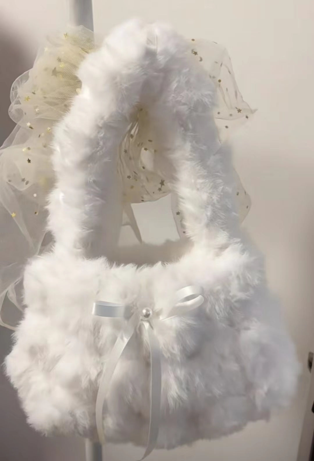 Plush Handbag Women's Snow White Bow Pearl Bag