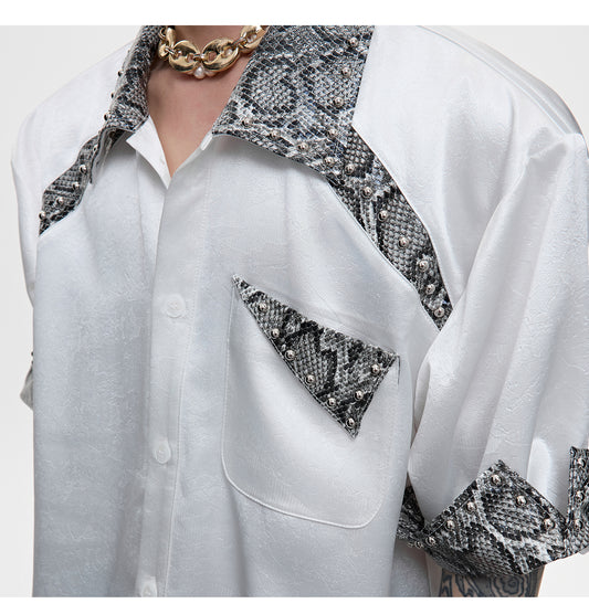 Niche Snake Patterned Leather Patchwork Shirt With Metal Rivet Design For A Cool Cardigan