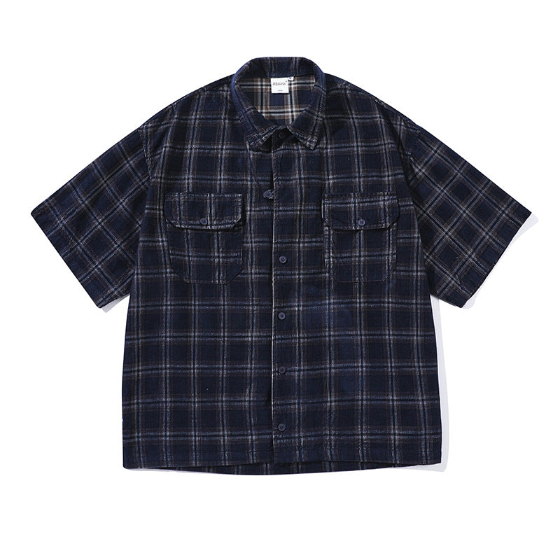 Summer Corduroy Plaid Casual Loose Men's And Women's Short Sleeve Shirt